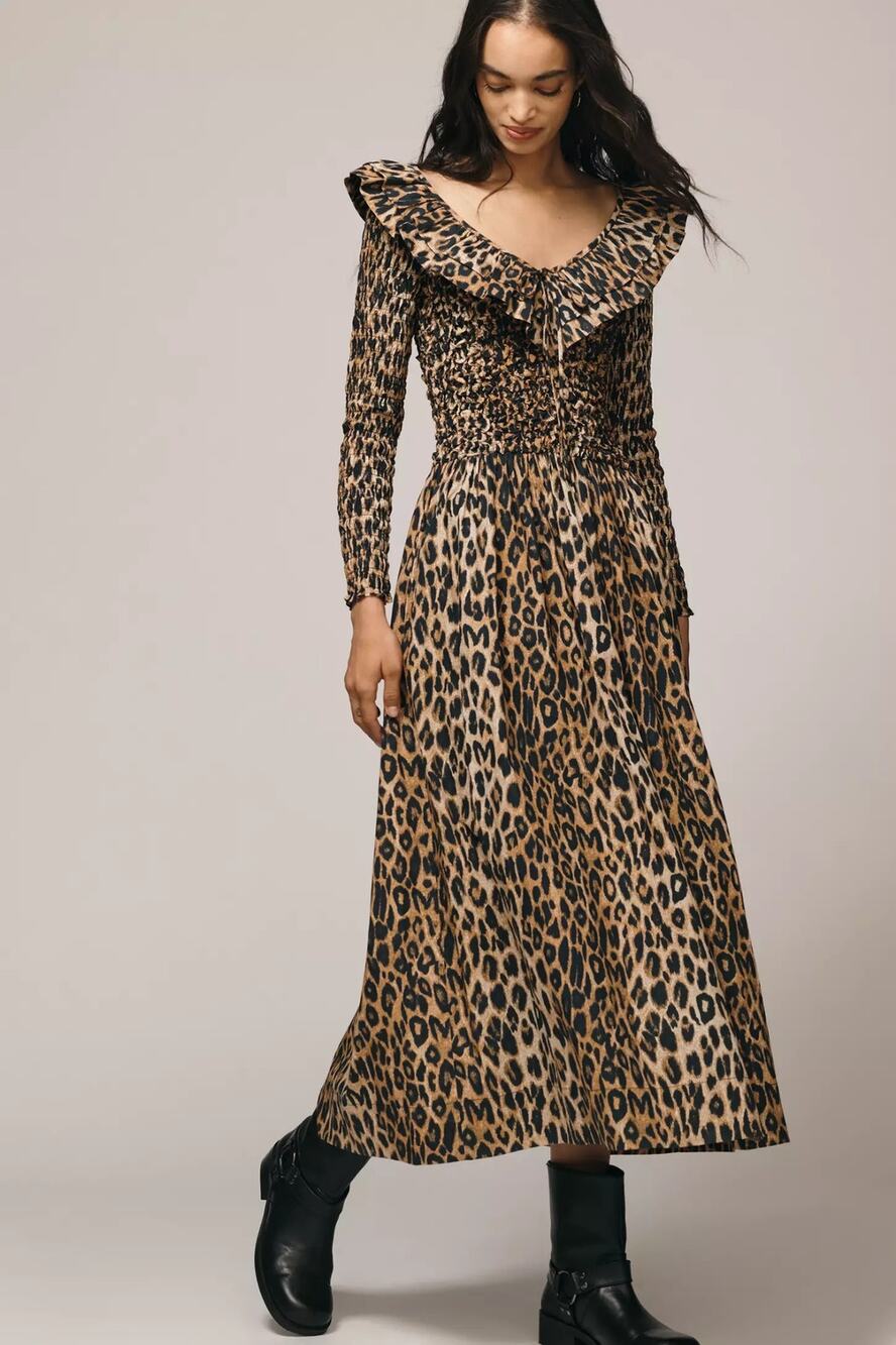 New Anthropologie Damson Madder Harper Shirred Midi Dress $180 SIZE 4 Leopard